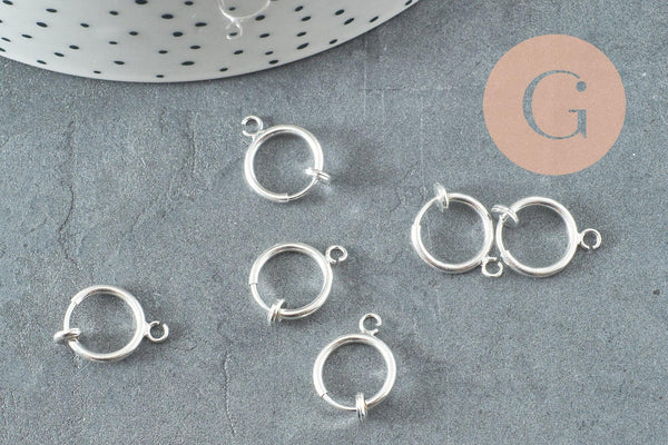 Anneaux créoles laiton argenté pour oreilles non percées 15.5mm, x2 (G9644)