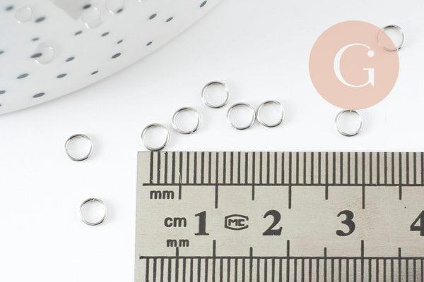 Anneaux de jonction ronds acier 304 platine inoxydable 4mm-0.4mm, x50 (G9393)