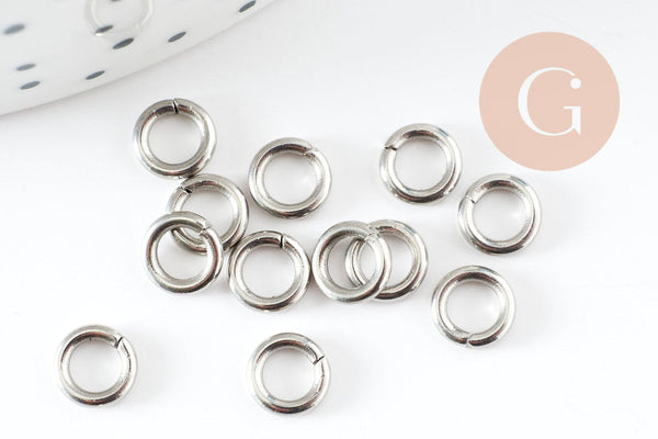 Anneaux de jonction ronds acier 304 platine inoxydable 6mm-1mm, x50 (G9392)