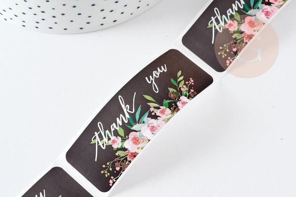 Autocollants merci fleurs noirs 75mm, x120 (G6135)