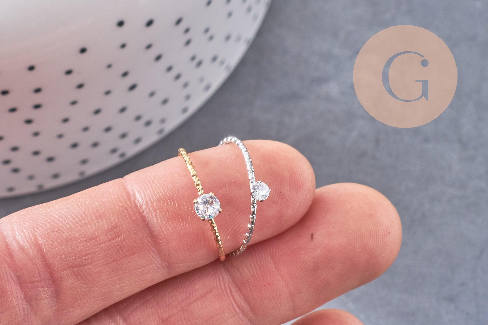 Bague Solitaire zircon acier 304 inoxydable doré ou platine taille 54, x1 (G10361)