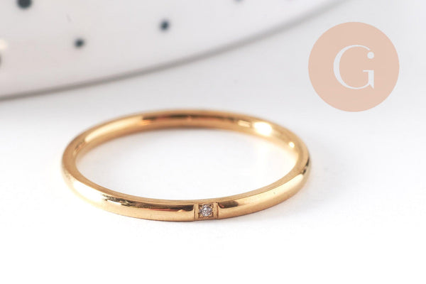 Bague alliance acier inoxydable doré 1 zircon blanc, x1 (G10495)