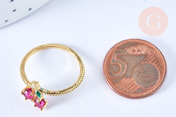 Bague cerise rouge laiton doré 16K gros zircons, x1 (G6574)