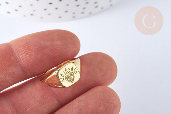 Bague chevalière coeur zircon argent massif 925 doré 24K, x1 (G7233)