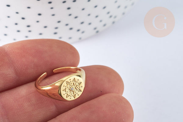 Bague chevalière soleil zircon argent massif 925 doré 24K, x1 (G7234)