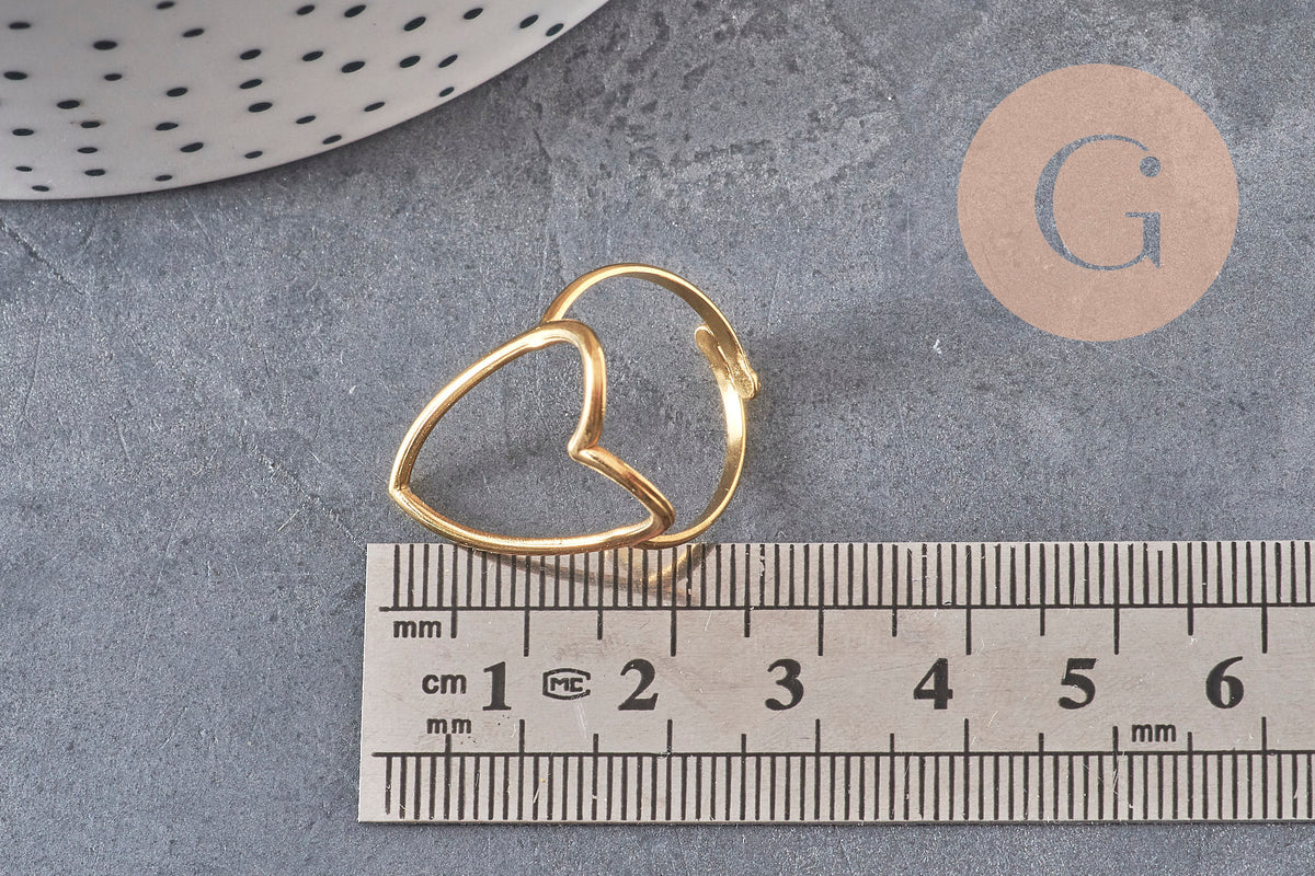 Anillo de corazón ajustable de acero inoxidable 304 chapado en oro IP Talla 57, x1 VÁLIDO