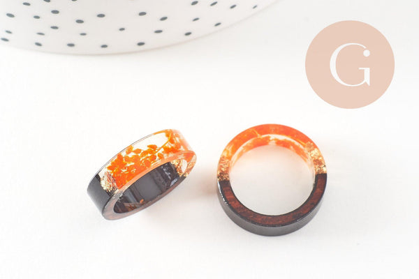 Bague ébène bois résine feuille d'or orange 16mm, x1 (G3287)