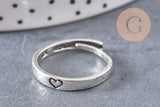 Bague fine réglable argenté gravée coeur 18mm, x1 (G1848)