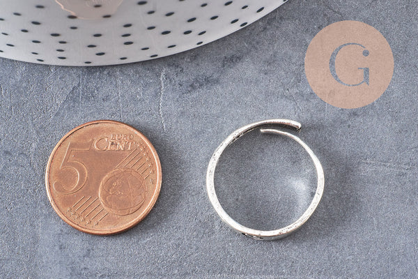 Bague fine réglable argenté gravée coeur 18mm, x1 (G1848)