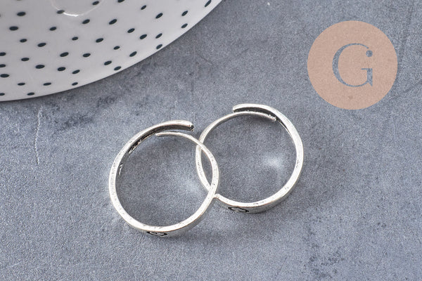 Bague fine réglable argenté gravée coeur 18mm, x1 (G1848)