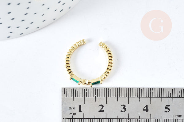 Bague fine réglable dorée 18k zircons verts 17.3mm, x1 (G8457)