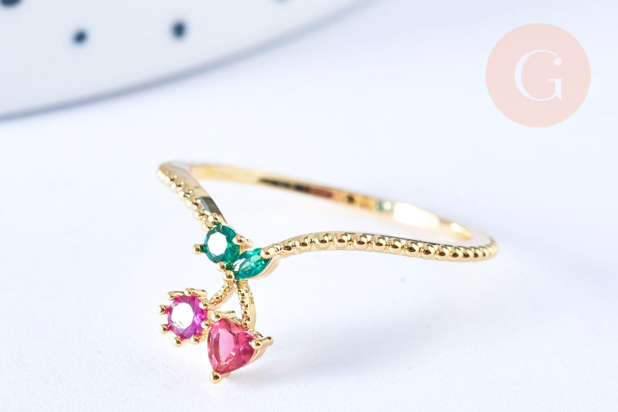 Bague fruit cerise laiton doré 16K zircons rouges, x1 (G6577)