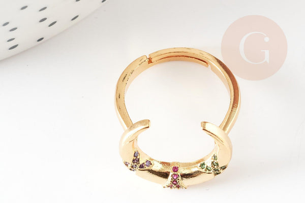 Bague laiton doré lune zircon coloré 16.5mm, x1 (G4252)