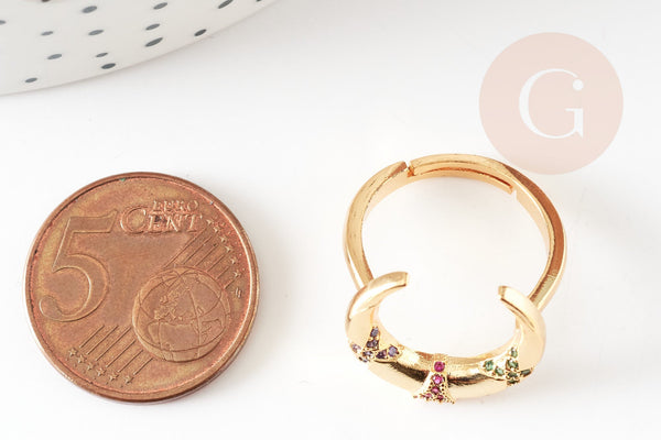 Bague laiton doré lune zircon coloré 16.5mm, x1 (G4252)