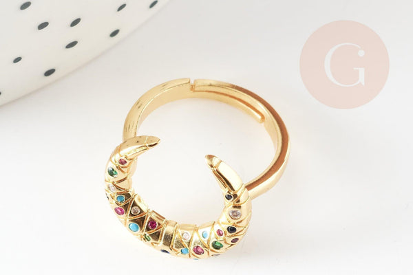 Bague laiton doré lune zircon coloré 17mm, x1 (G4256)