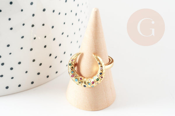 Bague laiton doré lune zircon coloré 17mm, x1 (G4256)