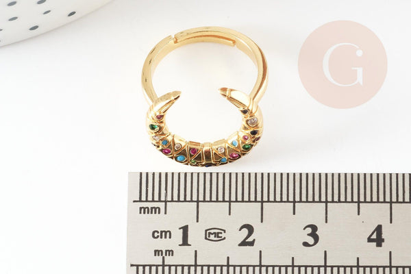 Bague laiton doré lune zircon coloré 17mm, x1 (G4256)