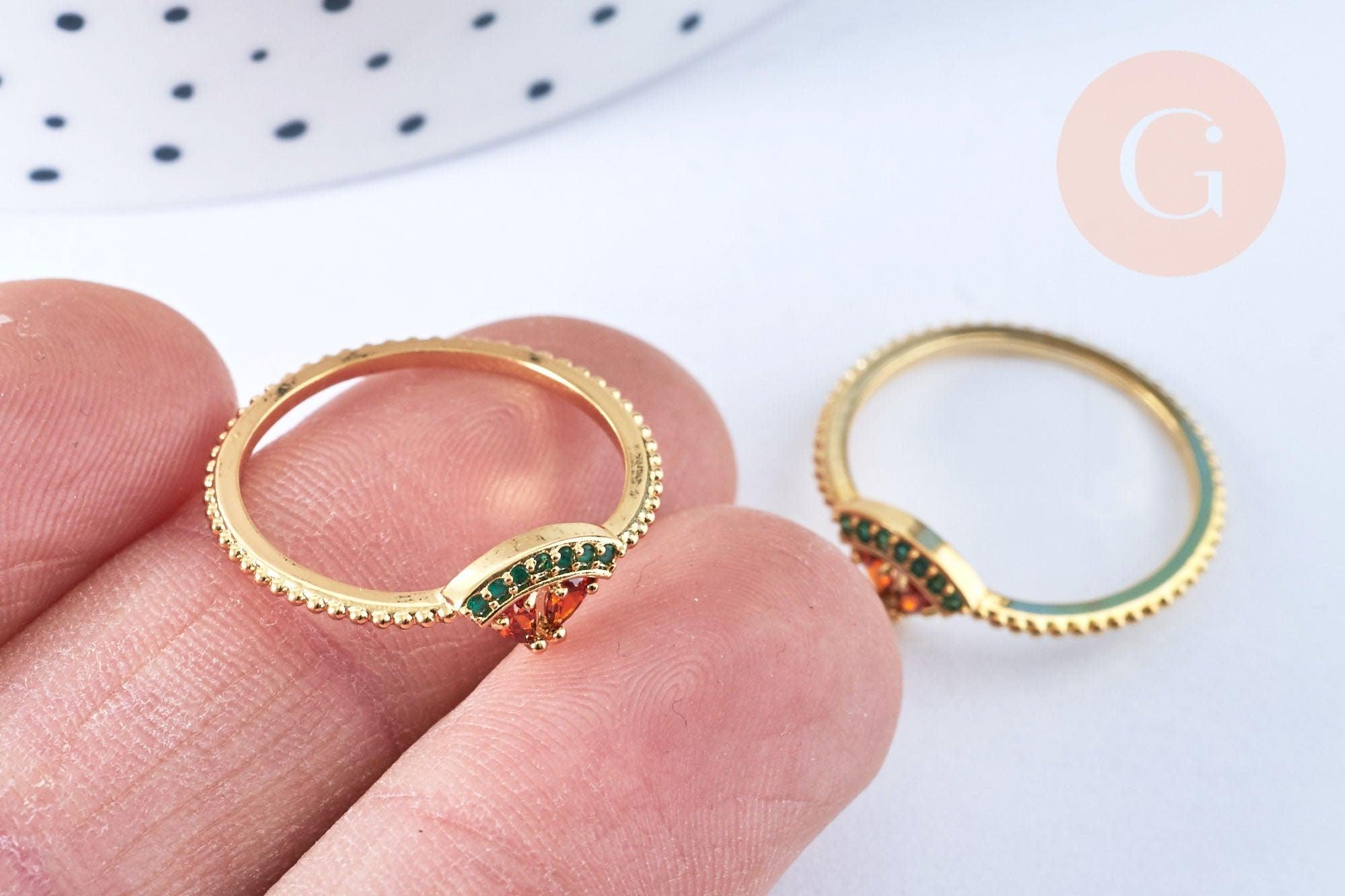 Bague pastèque fruit laiton doré 16K zircons rouges x1 (G6575)