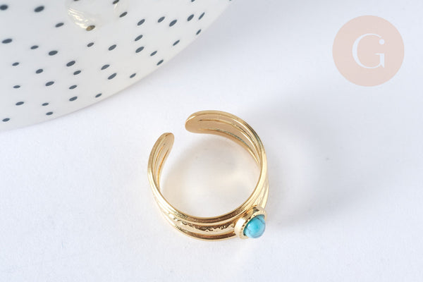 Bague réglable 3 anneaux pierre turquoise acier inoxydable doré Taille 57, x1 (G7015)