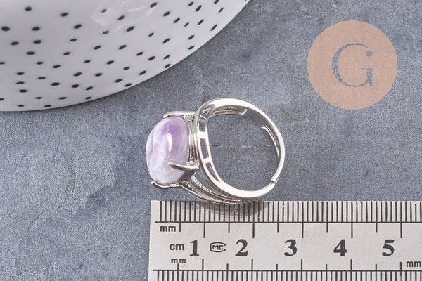 Bague réglable argentée améthyste naturelle 18mm, x1 (G6374)