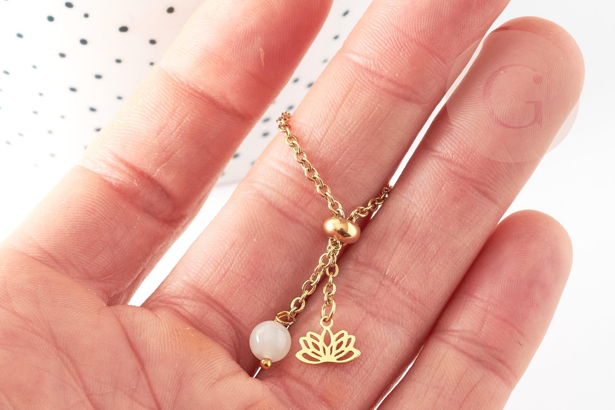 Bague réglable chaine acier lotus & perle 96mm, x1 (G5795)