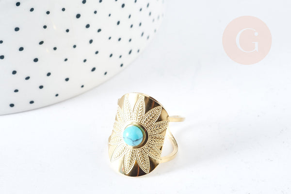 Bague réglable dentelle Plumes pierre turquoise acier doré Taille 54, x1 (G7637)