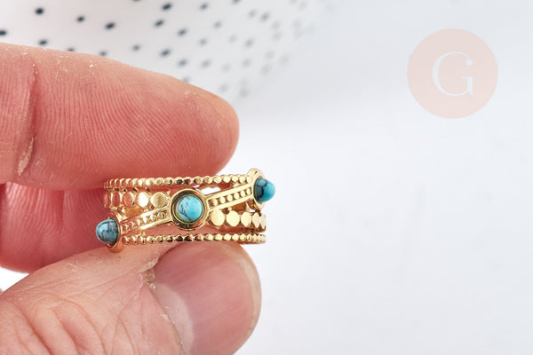 Bague réglable dentelle pierre turquoise synthèse acier doré Taille 54, x1 (G7638)