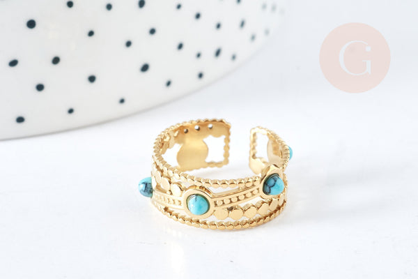 Bague réglable dentelle pierre turquoise synthèse acier doré Taille 54, x1 (G7638)