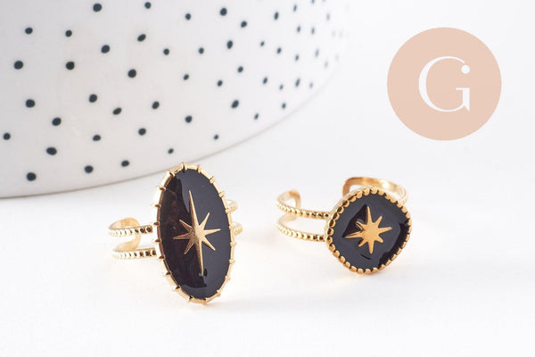 Bague réglable étoile émail noir acier doré Taille 54, x1 (G7641)