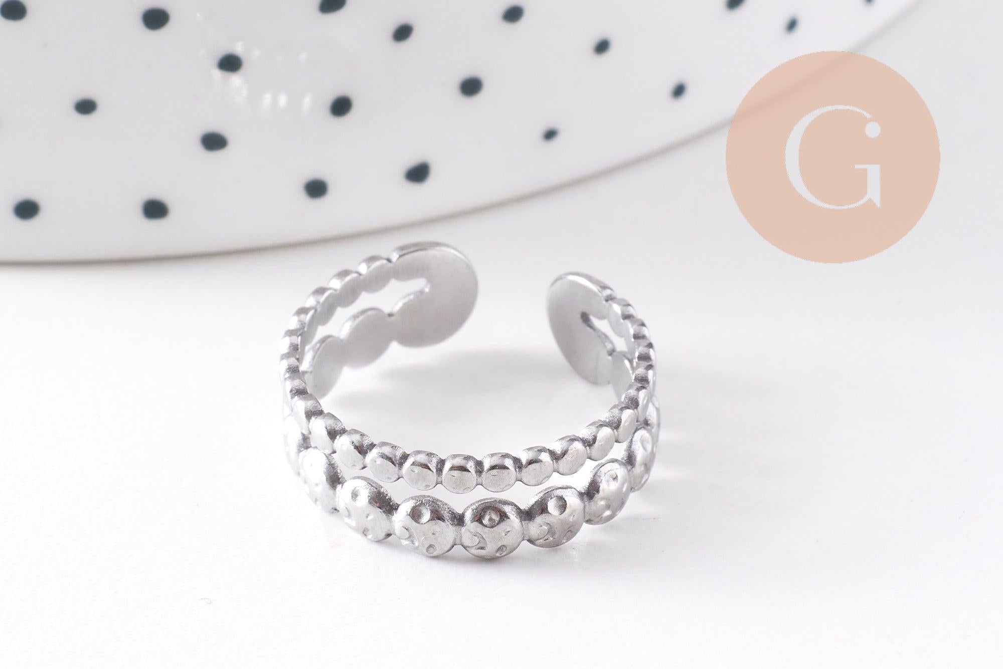 Bague réglable fantaisie boules acier 304 inoxydable doré ou platine, x1 (G10363)