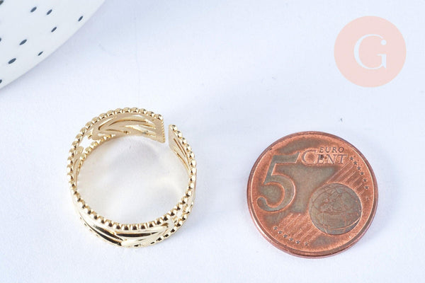 Bague réglable feuille acier doré taille 54, x1 (G6603)