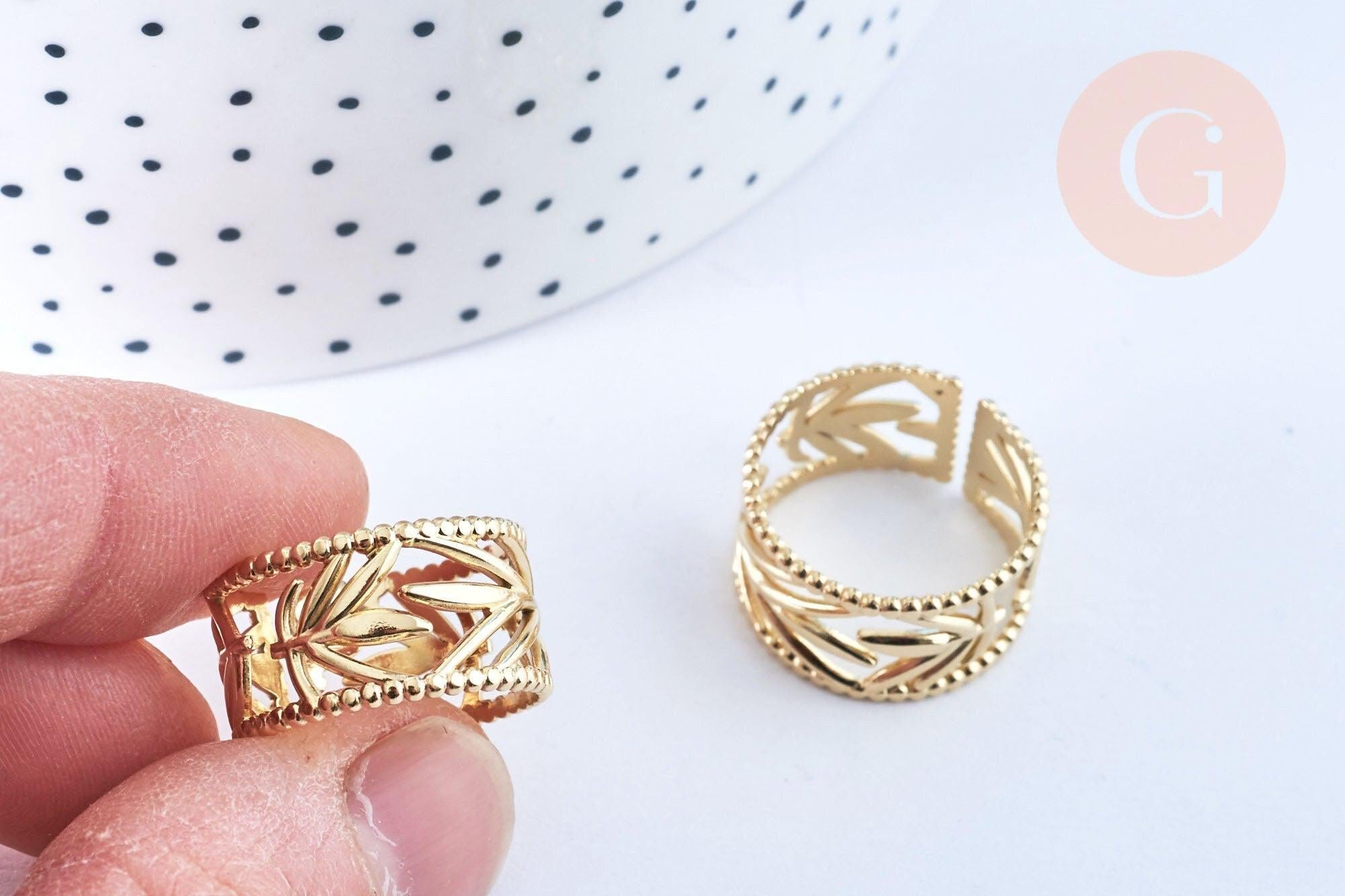 Bague réglable feuille acier doré taille 54, x1 (G6603)