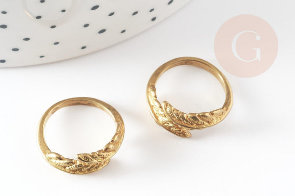 Bague réglable feuille gravée laiton brut 16mm, x2 (G3748)