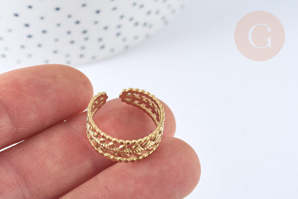 Bague réglable feuille laurier acier 304 inoxydable doré IP taille 54, x1 (G7018)