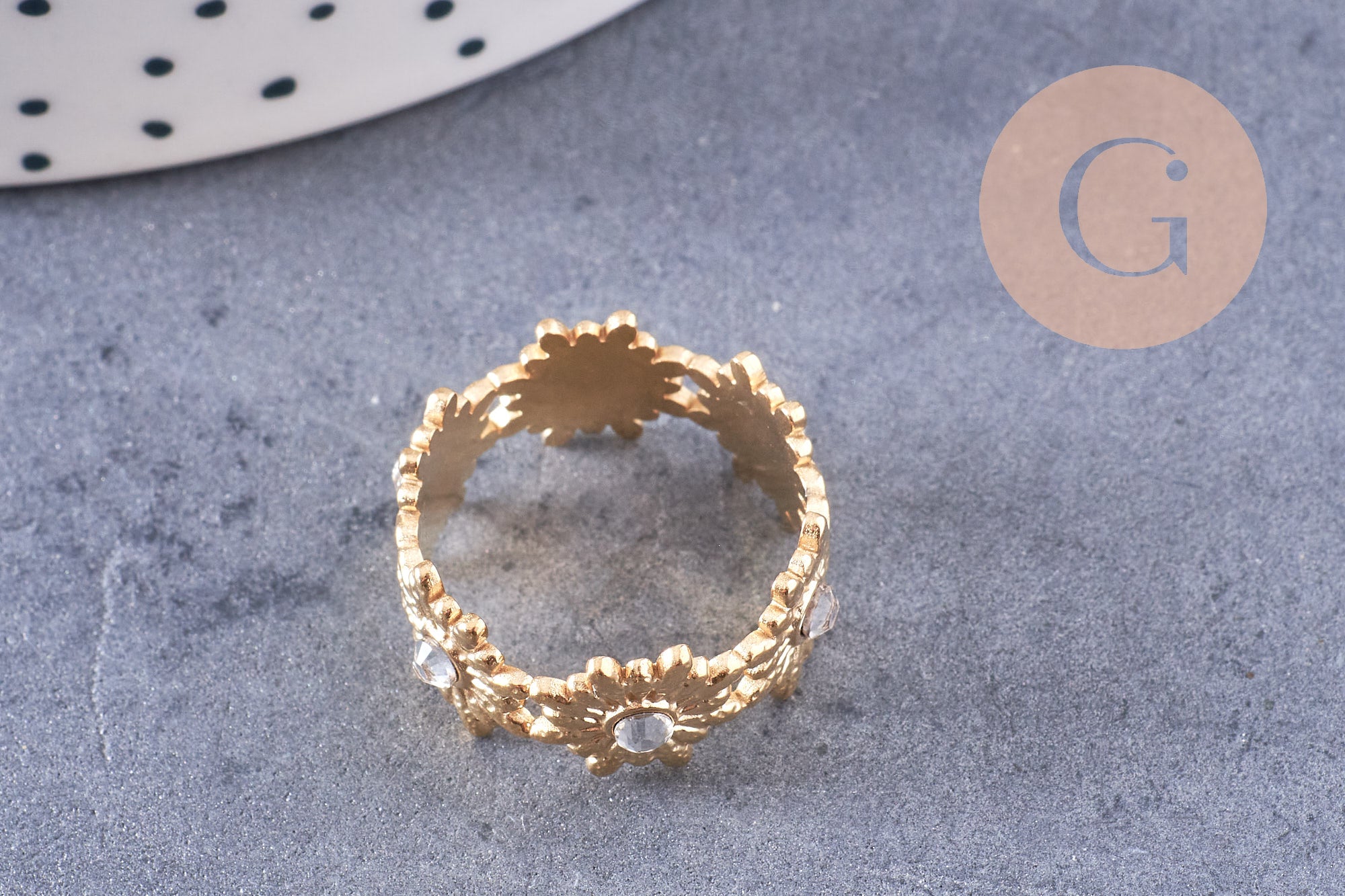 Bague réglable fleurs marguerites et zircons acier doré 304 inoxydable IP taille 54, x1 (G10692)