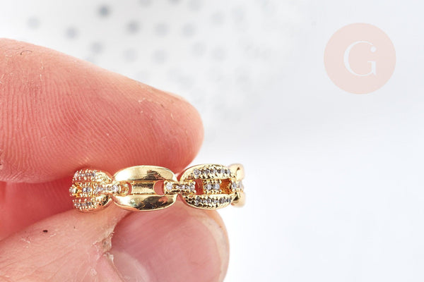 Bague réglable laiton doré 18K grain de café zircon 17mm, x1 (G4572)