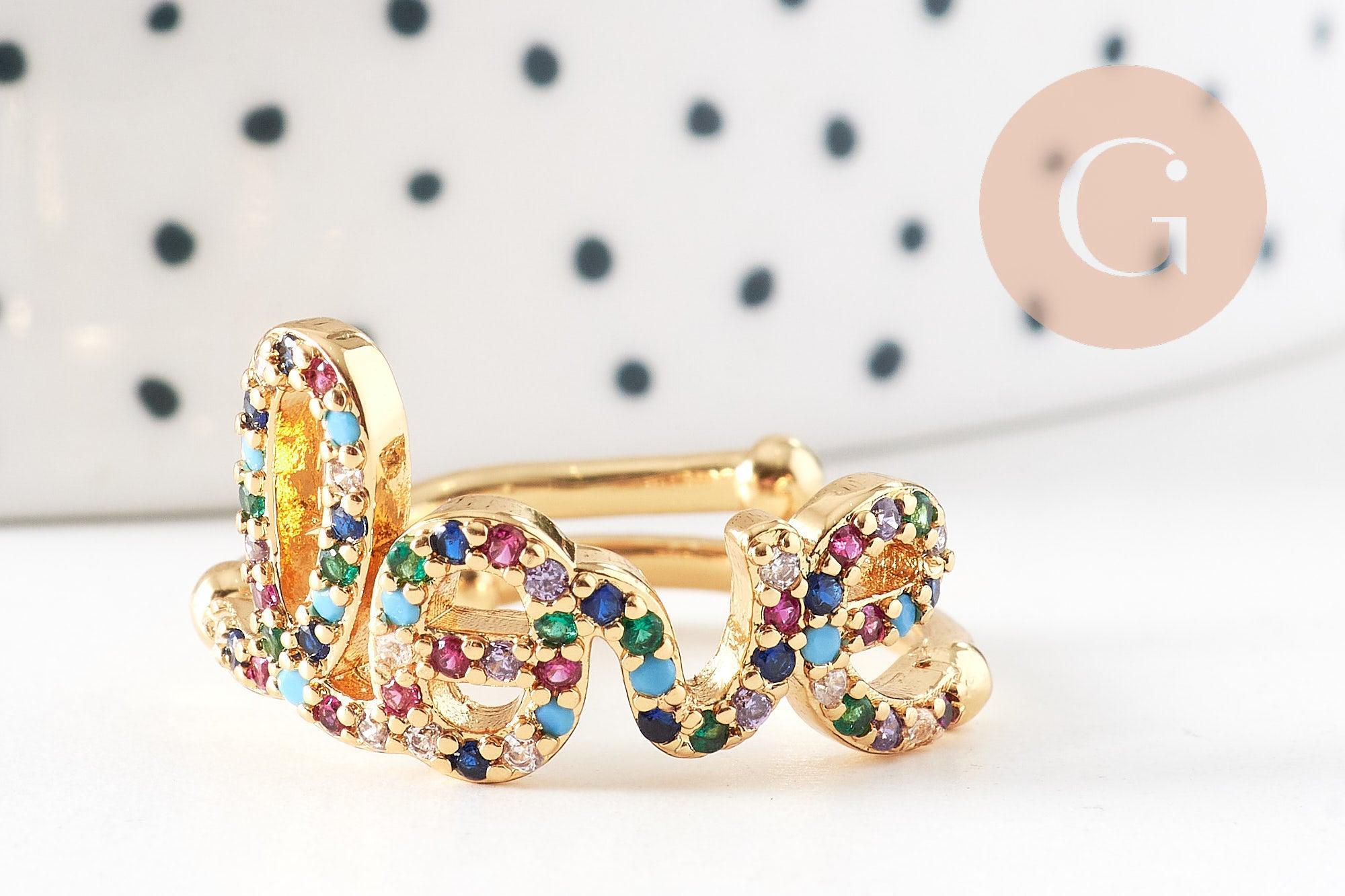 Bague réglable laiton doré LOVE zircons colorés 17mm, x1 (G4329)