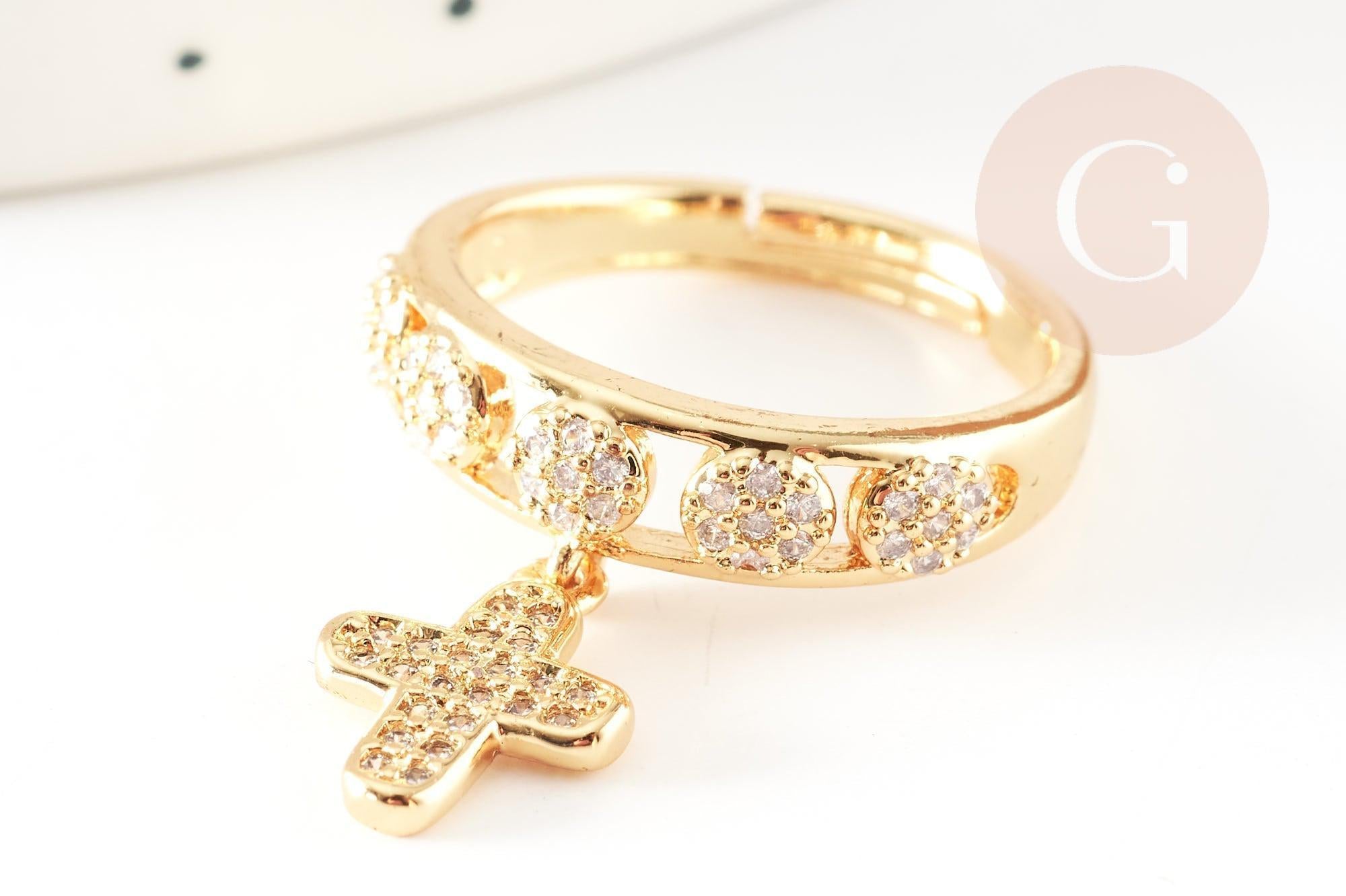 Bague réglable laiton doré breloque croix zircon 17mm, x1 (G4825)