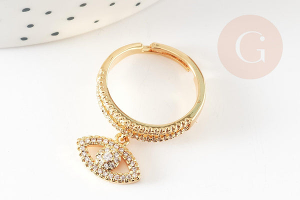 Bague réglable laiton doré breloque oeil protecteur zircon 17mm, x1 (G4464)