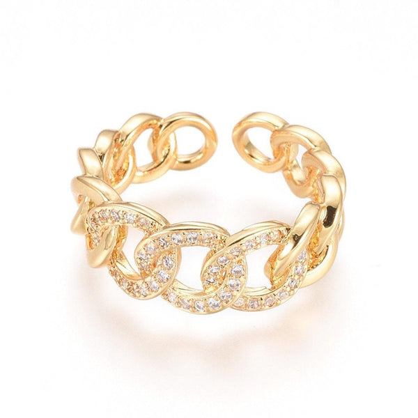 Bague réglable laiton doré chaine et zircon 16mm, x1 (G4357)