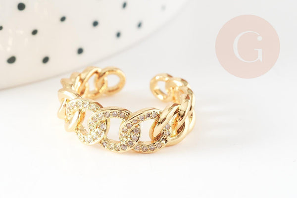 Bague réglable laiton doré chaine et zircon 16mm, x1 (G4357)