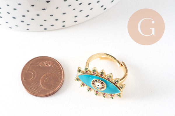 Bague réglable laiton doré émail oeil protecteur 17mm, x1 (G4241)