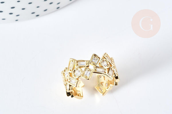 Bague réglable laiton doré géométrique zircon 18.5mm, x1 (G8349)
