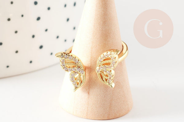 Bague réglable laiton doré papillon zircon 17.1mm, x1 (G4354)