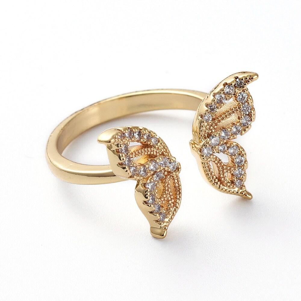 Bague réglable laiton doré papillon zircon 17.1mm, x1 (G4354)