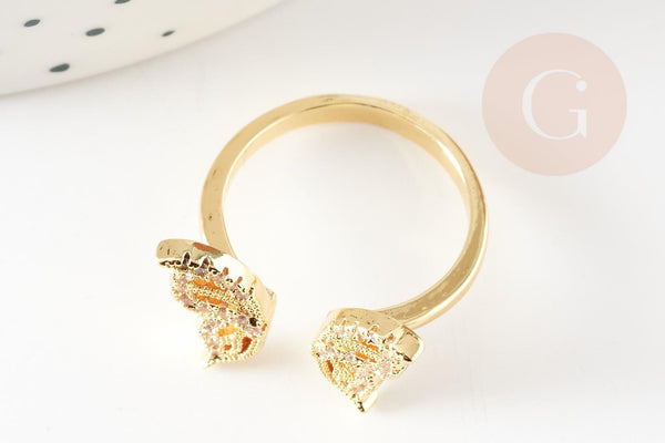 Bague réglable laiton doré papillon zircon 17.1mm, x1 (G4354)
