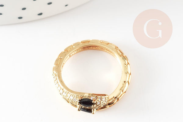 Bague réglable laiton doré serpent zircon noir 17mm, x1 (G4360)