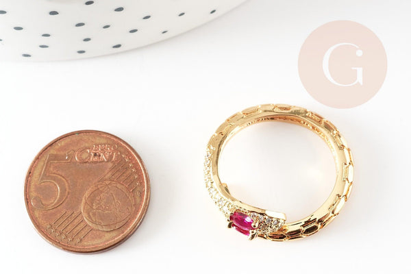 Bague réglable laiton doré serpent zircon rouge 17mm, x1 (G4352)