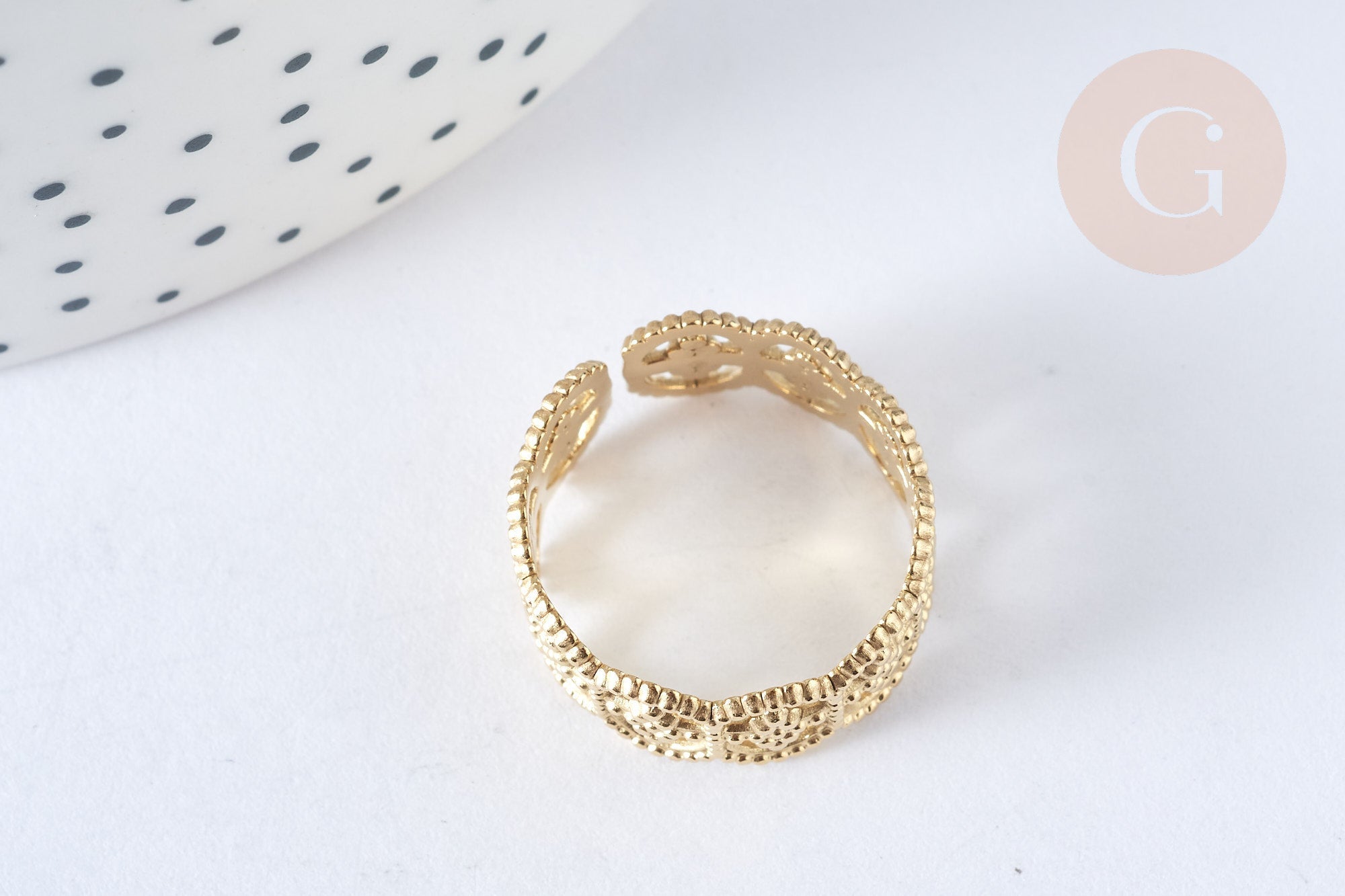 Bague réglable large chevrons dentelle acier inoxydable doré 304 Taille 54, x1 (G7017)