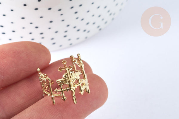 Bague réglable large croix acier inoxydable doré 304 Taille 57, x1 (G7010)